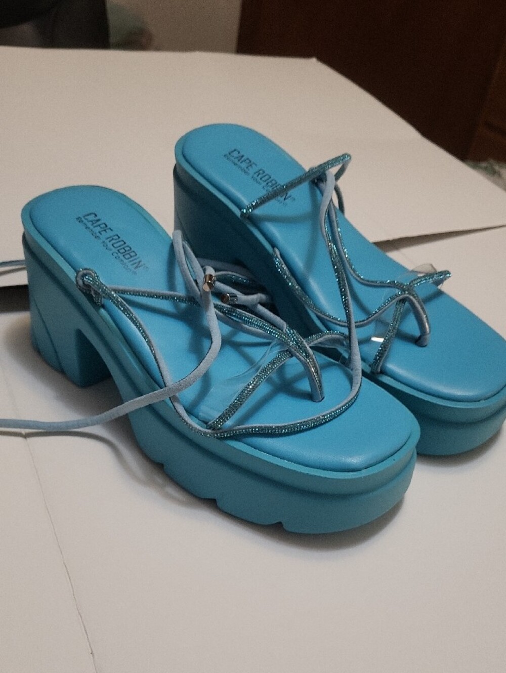 Cape Robbin Teal Turquoise Platform Wrap Sandals - Picture 3 of 6